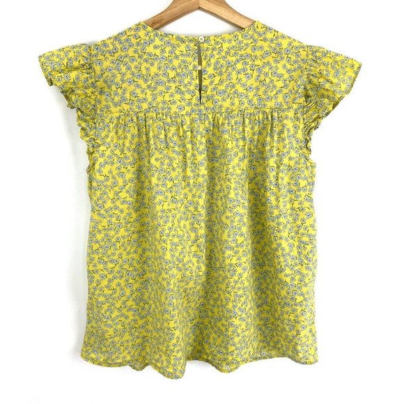 J Crew Top Size S Yellow Floral Shirred Peasant Blouse  Flutter Sleeve AV617 - Picture 2 of 7